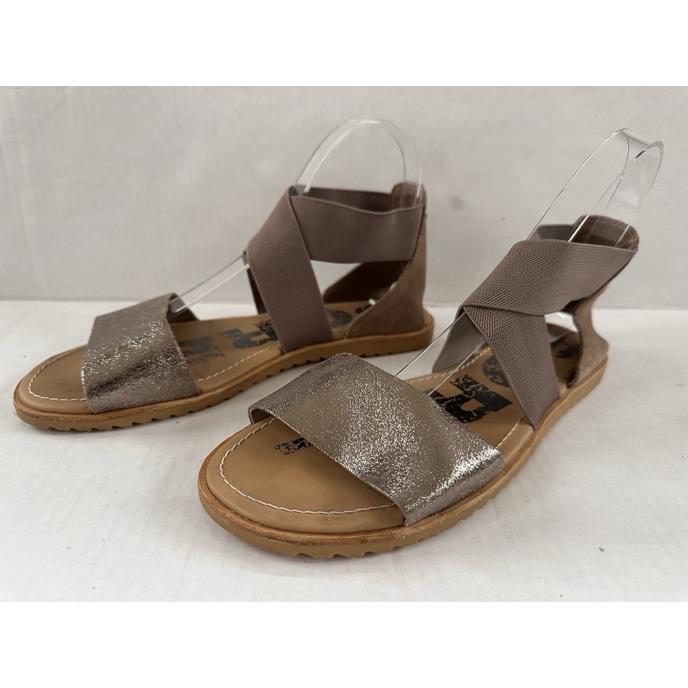 Women's SOREL Ella 8.5 SANDALS Ash Brown METALLIC Leather strap w/ cross elastic